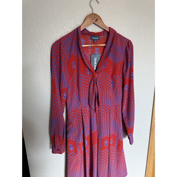 Modcloth Pleasant Confidence Tie V Neck Long Sleeve Dress Size 4 Red Blue Retro - Picture 3 of 5